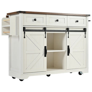 HomeRoots 54" Rolling Kitchen Island with USB Ports - White Barn Door Design, Drop Leaf Extension, and Storage 654030