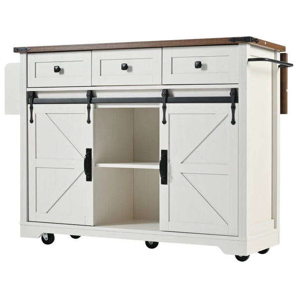 HomeRoots 54" Rolling Kitchen Island with USB Ports - White Barn Door Design, Drop Leaf Extension, and Storage 654030