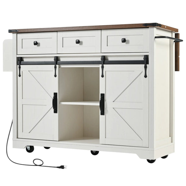 HomeRoots 54" Rolling Kitchen Island with USB Ports - White Barn Door Design, Drop Leaf Extension, and Storage 654030