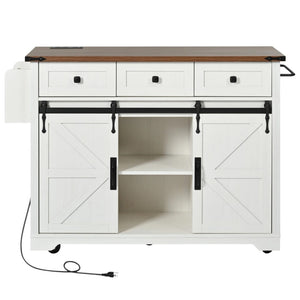 HomeRoots 54" Rolling Kitchen Island with USB Ports - White Barn Door Design, Drop Leaf Extension, and Storage 654030