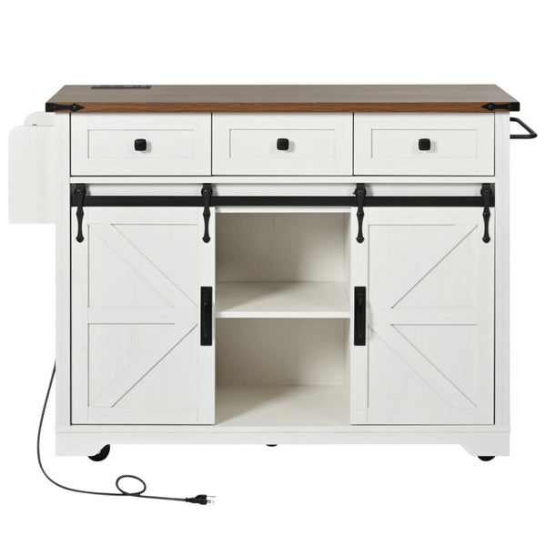 HomeRoots 54" Rolling Kitchen Island with USB Ports - White Barn Door Design, Drop Leaf Extension, and Storage 654030