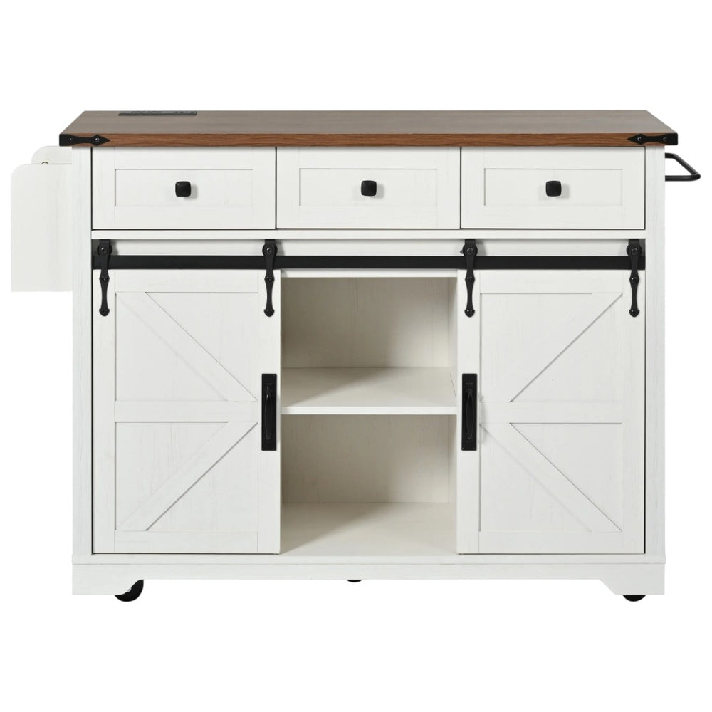 HomeRoots 54" Rolling Kitchen Island with USB Ports - White Barn Door Design, Drop Leaf Extension, and Storage 654030
