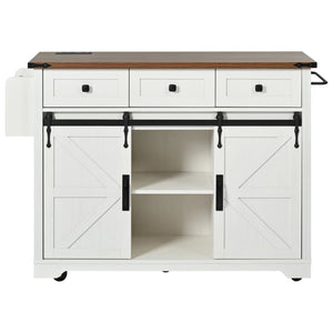 HomeRoots 54" Rolling Kitchen Island with USB Ports - White Barn Door Design, Drop Leaf Extension, and Storage 654030