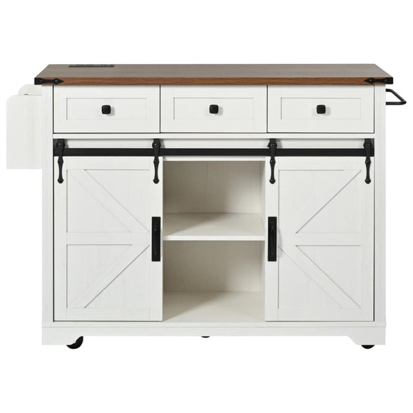 HomeRoots 54" Rolling Kitchen Island with USB Ports - White Barn Door Design, Drop Leaf Extension, and Storage 654030