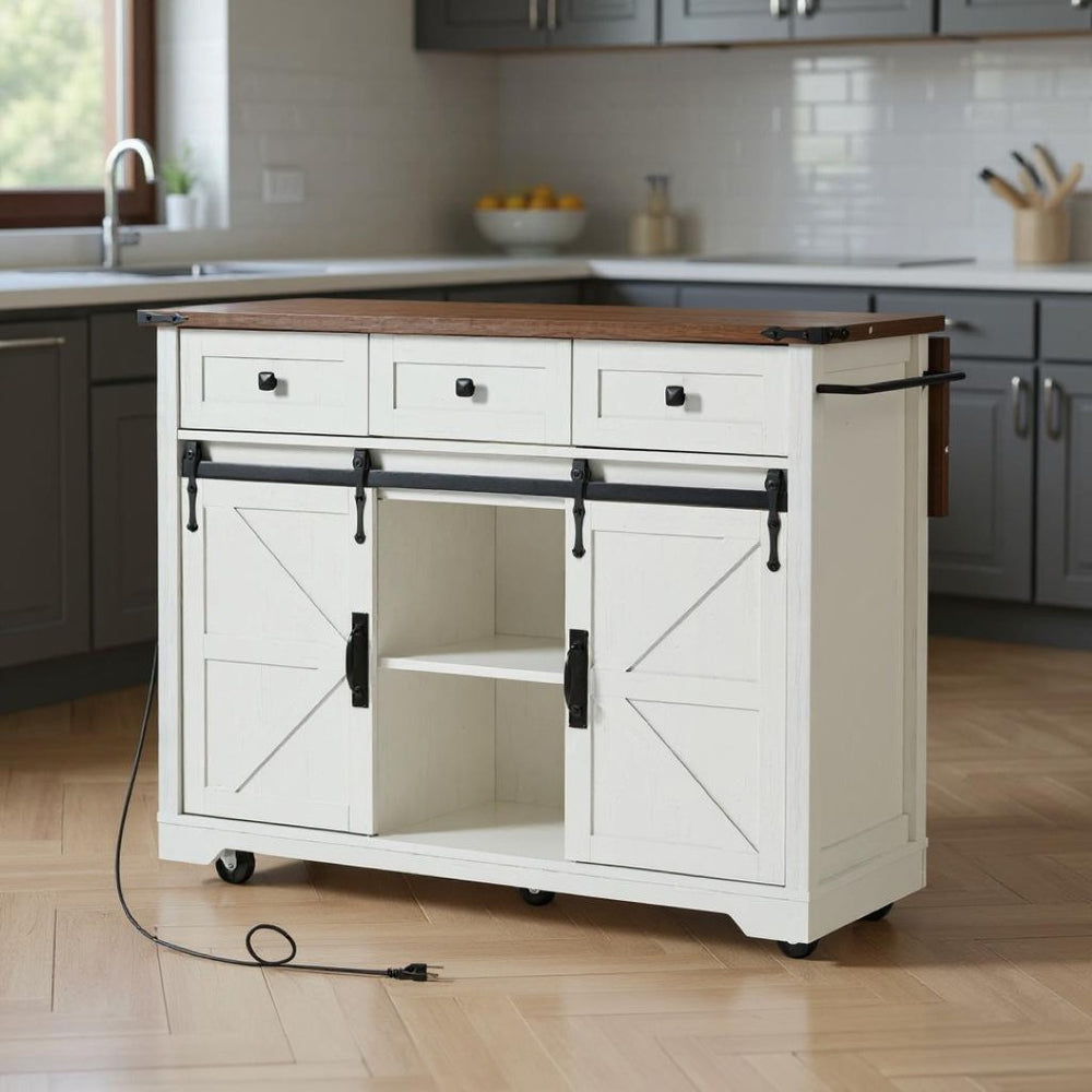 HomeRoots 54" Rolling Kitchen Island with USB Ports - White Barn Door Design, Drop Leaf Extension, and Storage 654030