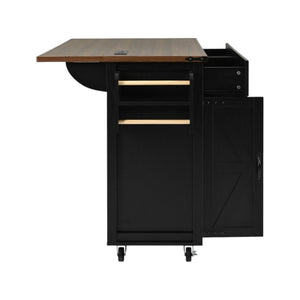 HomeRoots 54" Black Wood Barn Door Rolling Kitchen Island with USB Ports & Expandable Storage for Your Home 654031