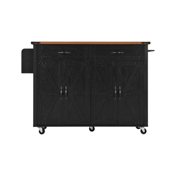 HomeRoots 54" Black Wood Barn Door Rolling Kitchen Island with USB Ports & Expandable Storage for Your Home 654031