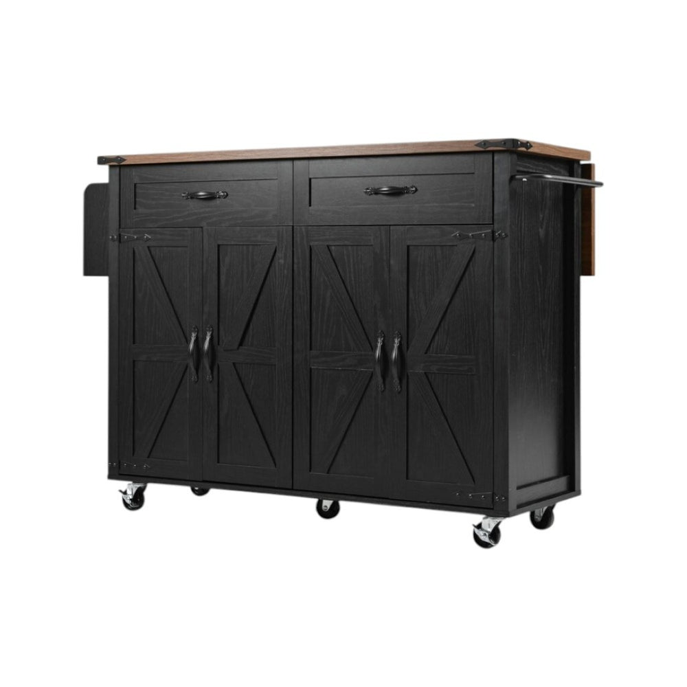 HomeRoots 54" Black Wood Barn Door Rolling Kitchen Island with USB Ports & Expandable Storage for Your Home 654031