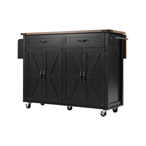 HomeRoots 54" Black Wood Barn Door Rolling Kitchen Island with USB Ports & Expandable Storage for Your Home 654031