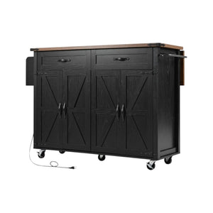 HomeRoots 54" Black Wood Barn Door Rolling Kitchen Island with USB Ports & Expandable Storage for Your Home 654031