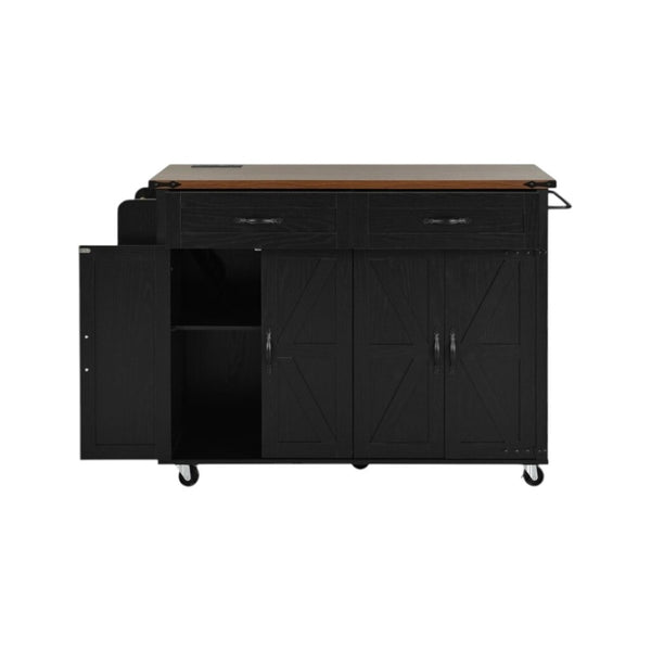 HomeRoots 54" Black Wood Barn Door Rolling Kitchen Island with USB Ports & Expandable Storage for Your Home 654031