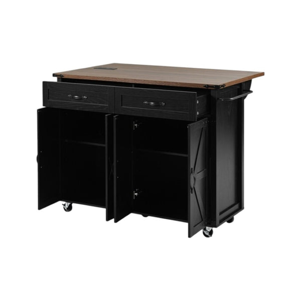 HomeRoots 54" Black Wood Barn Door Rolling Kitchen Island with USB Ports & Expandable Storage for Your Home 654031