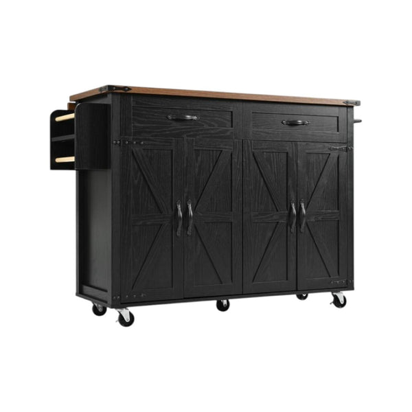 HomeRoots 54" Black Wood Barn Door Rolling Kitchen Island with USB Ports & Expandable Storage for Your Home 654031