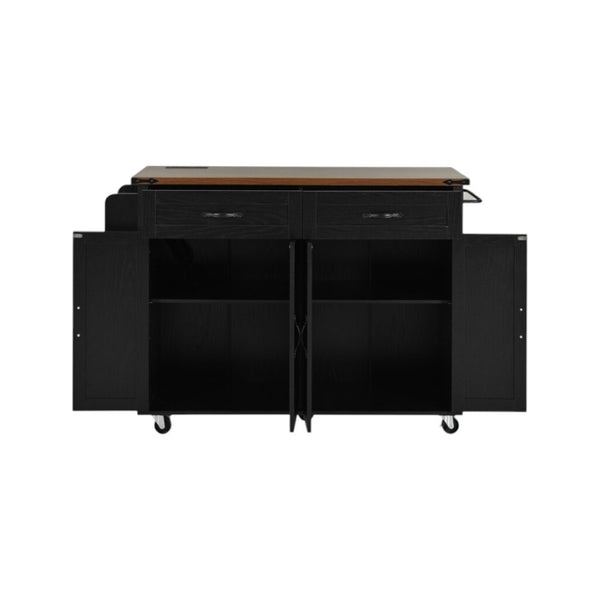 HomeRoots 54" Black Wood Barn Door Rolling Kitchen Island with USB Ports & Expandable Storage for Your Home 654031