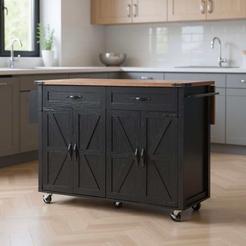 HomeRoots 54" Black Wood Barn Door Rolling Kitchen Island with USB Ports & Expandable Storage for Your Home 654031