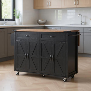 HomeRoots 54" Black Wood Barn Door Rolling Kitchen Island with USB Ports & Expandable Storage for Your Home 654031