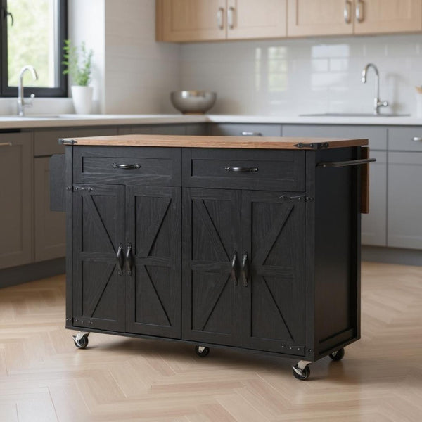 HomeRoots 54" Black Wood Barn Door Rolling Kitchen Island with USB Ports & Expandable Storage for Your Home 654031