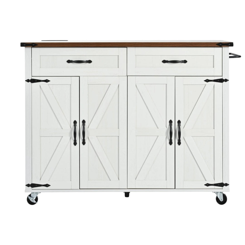 HomeRoots 54" White Wood Barn Door Rolling Kitchen Island with USB Ports - Expandable, Mobile & Stylish Storage 654032