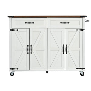 HomeRoots 54" White Wood Barn Door Rolling Kitchen Island with USB Ports - Expandable, Mobile & Stylish Storage 654032