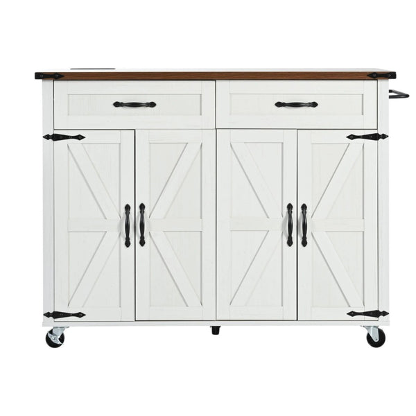 HomeRoots 54" White Wood Barn Door Rolling Kitchen Island with USB Ports - Expandable, Mobile & Stylish Storage 654032