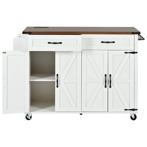 HomeRoots 54" White Wood Barn Door Rolling Kitchen Island with USB Ports - Expandable, Mobile & Stylish Storage 654032