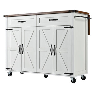 HomeRoots 54" White Wood Barn Door Rolling Kitchen Island with USB Ports - Expandable, Mobile & Stylish Storage 654032