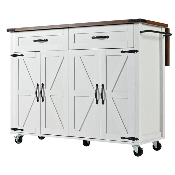 HomeRoots 54" White Wood Barn Door Rolling Kitchen Island with USB Ports - Expandable, Mobile & Stylish Storage 654032