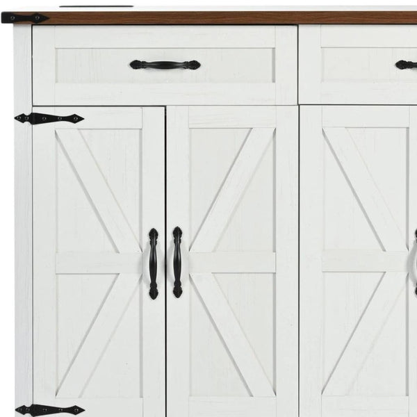HomeRoots 54" White Wood Barn Door Rolling Kitchen Island with USB Ports - Expandable, Mobile & Stylish Storage 654032