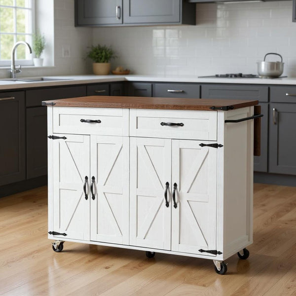 HomeRoots 54" White Wood Barn Door Rolling Kitchen Island with USB Ports - Expandable, Mobile & Stylish Storage 654032
