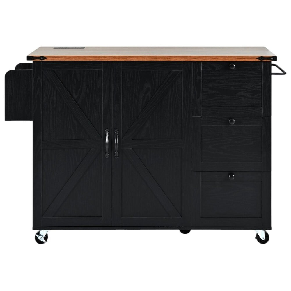 HomeRoots 55" Black Wood Barn Door Rolling Kitchen Island with USB Ports - Expandable Prep & Storage Space 654033
