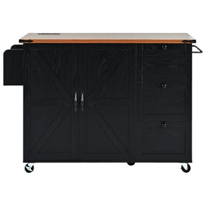HomeRoots 55" Black Wood Barn Door Rolling Kitchen Island with USB Ports - Expandable Prep & Storage Space 654033