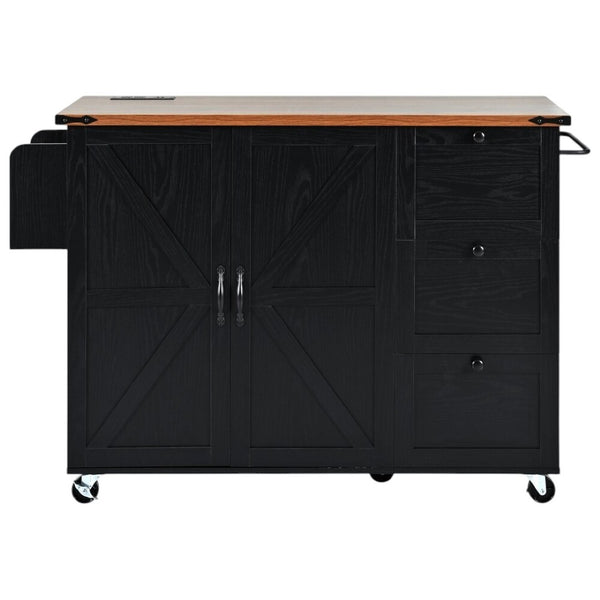 HomeRoots 55" Black Wood Barn Door Rolling Kitchen Island with USB Ports - Expandable Prep & Storage Space 654033