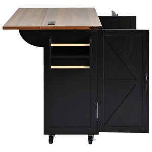 HomeRoots 55" Black Wood Barn Door Rolling Kitchen Island with USB Ports - Expandable Prep & Storage Space 654033