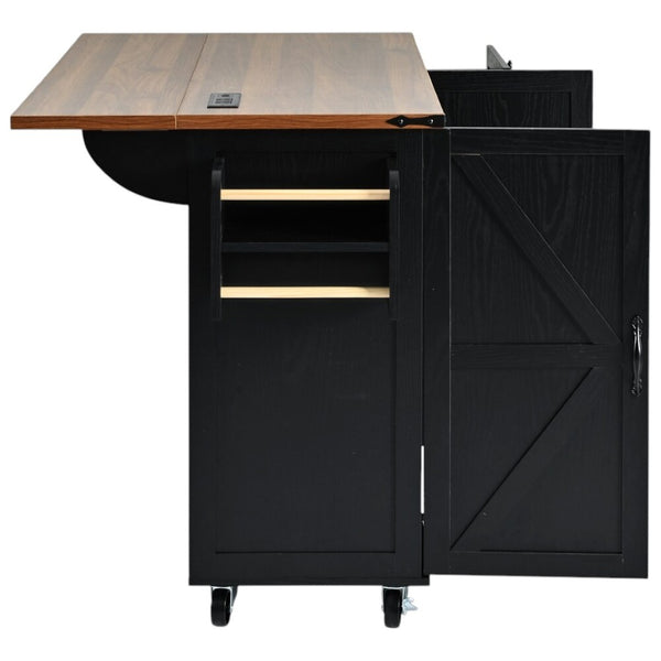 HomeRoots 55" Black Wood Barn Door Rolling Kitchen Island with USB Ports - Expandable Prep & Storage Space 654033