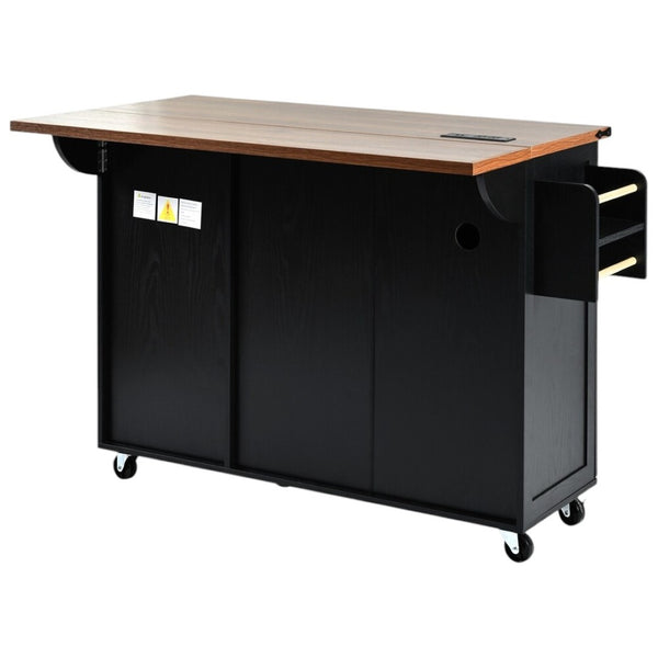 HomeRoots 55" Black Wood Barn Door Rolling Kitchen Island with USB Ports - Expandable Prep & Storage Space 654033