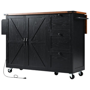 HomeRoots 55" Black Wood Barn Door Rolling Kitchen Island with USB Ports - Expandable Prep & Storage Space 654033