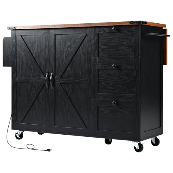 HomeRoots 55" Black Wood Barn Door Rolling Kitchen Island with USB Ports - Expandable Prep & Storage Space 654033