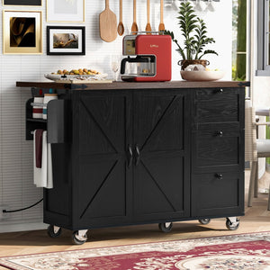 HomeRoots 55" Black Wood Barn Door Rolling Kitchen Island with USB Ports - Expandable Prep & Storage Space 654033