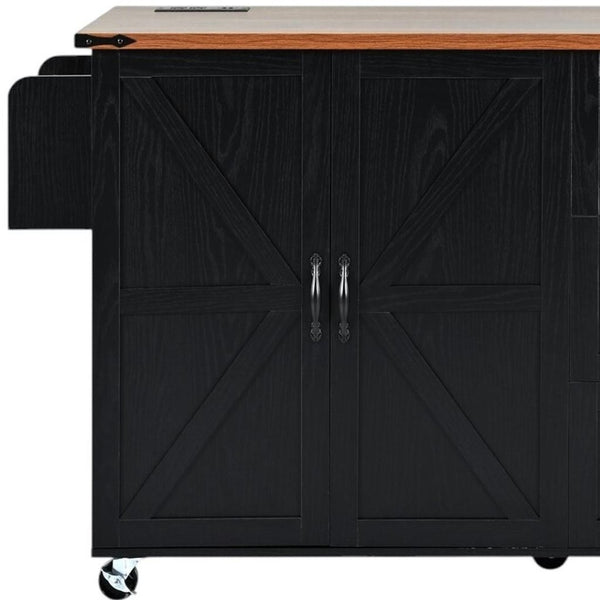 HomeRoots 55" Black Wood Barn Door Rolling Kitchen Island with USB Ports - Expandable Prep & Storage Space 654033