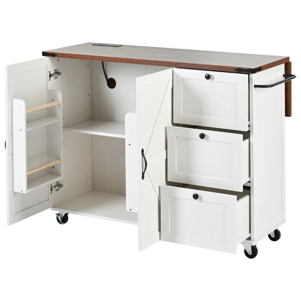 HomeRoots 55" White Wood Barn Door Rolling Kitchen Island with USB Ports, Drop Leaf, Storage & Rustic Charm 654034