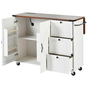HomeRoots 55" White Wood Barn Door Rolling Kitchen Island with USB Ports, Drop Leaf, Storage & Rustic Charm 654034