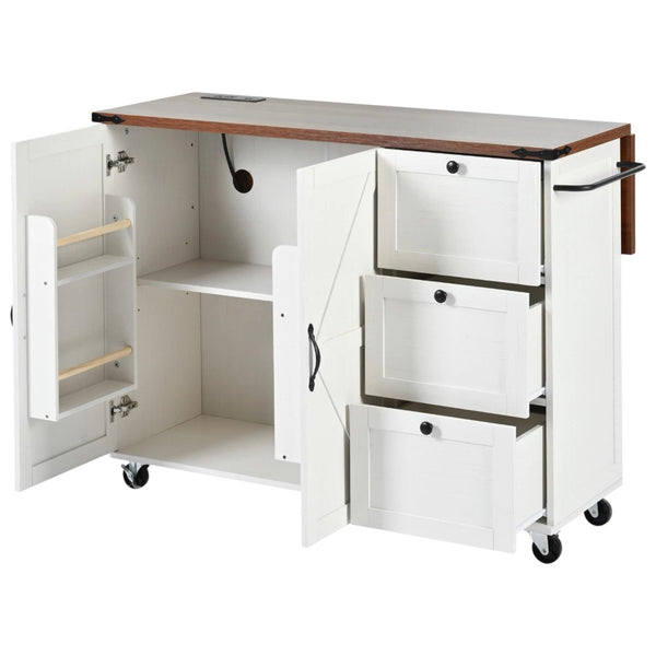 HomeRoots 55" White Wood Barn Door Rolling Kitchen Island with USB Ports, Drop Leaf, Storage & Rustic Charm 654034