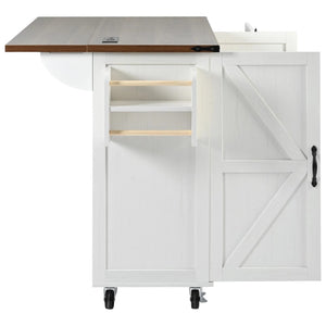 HomeRoots 55" White Wood Barn Door Rolling Kitchen Island with USB Ports, Drop Leaf, Storage & Rustic Charm 654034