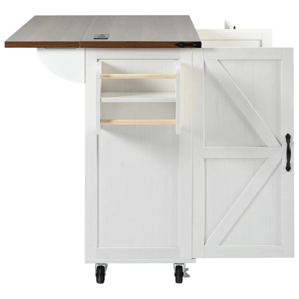 HomeRoots 55" White Wood Barn Door Rolling Kitchen Island with USB Ports, Drop Leaf, Storage & Rustic Charm 654034