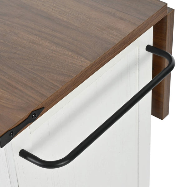 HomeRoots 55" White Wood Barn Door Rolling Kitchen Island with USB Ports, Drop Leaf, Storage & Rustic Charm 654034
