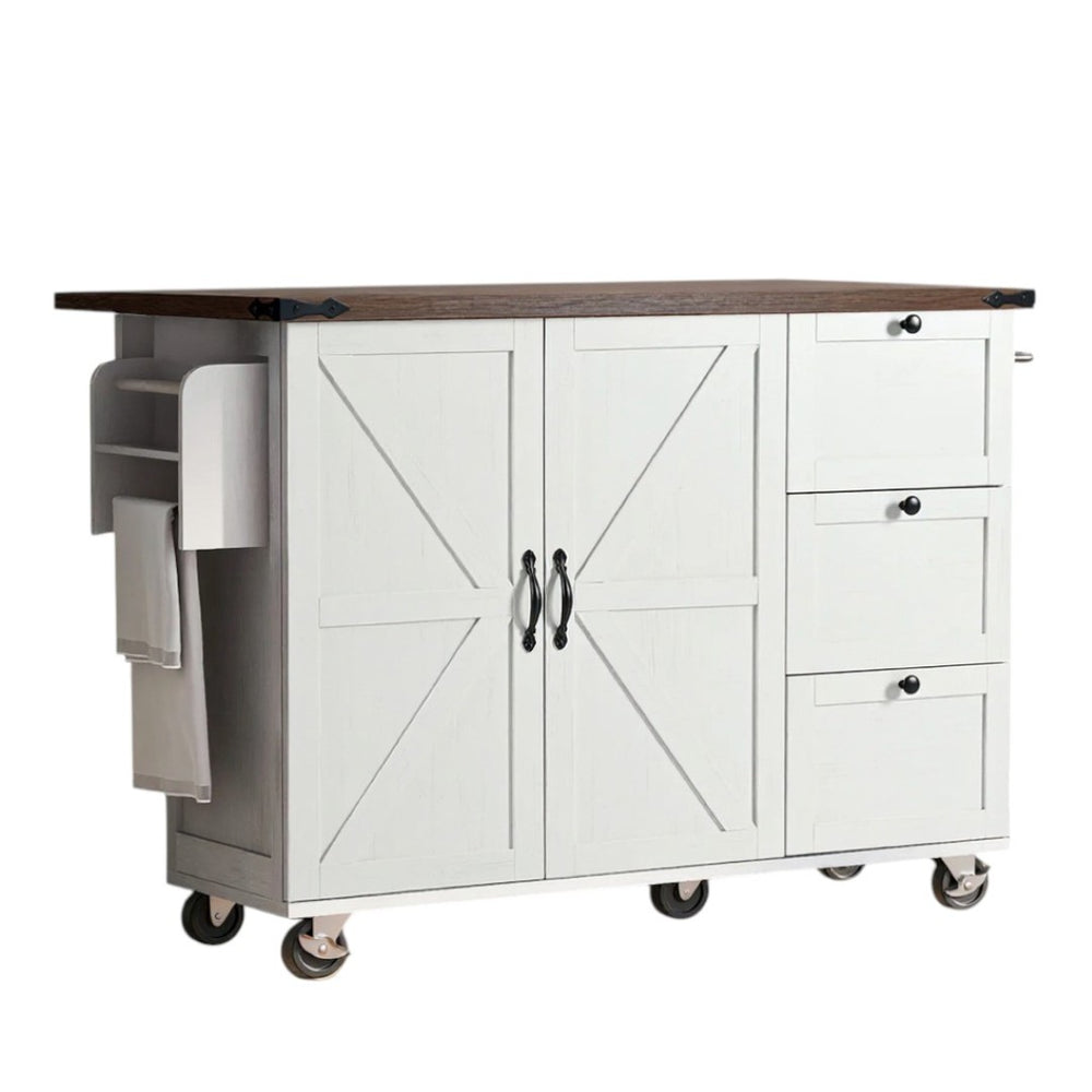 HomeRoots 55" White Wood Barn Door Rolling Kitchen Island with USB Ports, Drop Leaf, Storage & Rustic Charm 654034