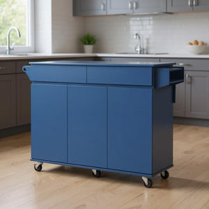 HomeRoots 53" Navy Blue Wood Barn Door Rolling Kitchen Island - Stylish, Versatile, and Space-Saving Solution! 654035