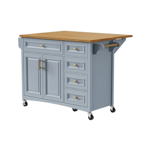 HomeRoots 52" Light Blue Wood Barn Door Rolling Kitchen Island - Stylish, Mobile Storage for Farmhouse Charm! 654037