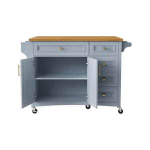 HomeRoots 52" Light Blue Wood Barn Door Rolling Kitchen Island - Stylish, Mobile Storage for Farmhouse Charm! 654037