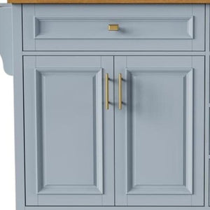 HomeRoots 52" Light Blue Wood Barn Door Rolling Kitchen Island - Stylish, Mobile Storage for Farmhouse Charm! 654037